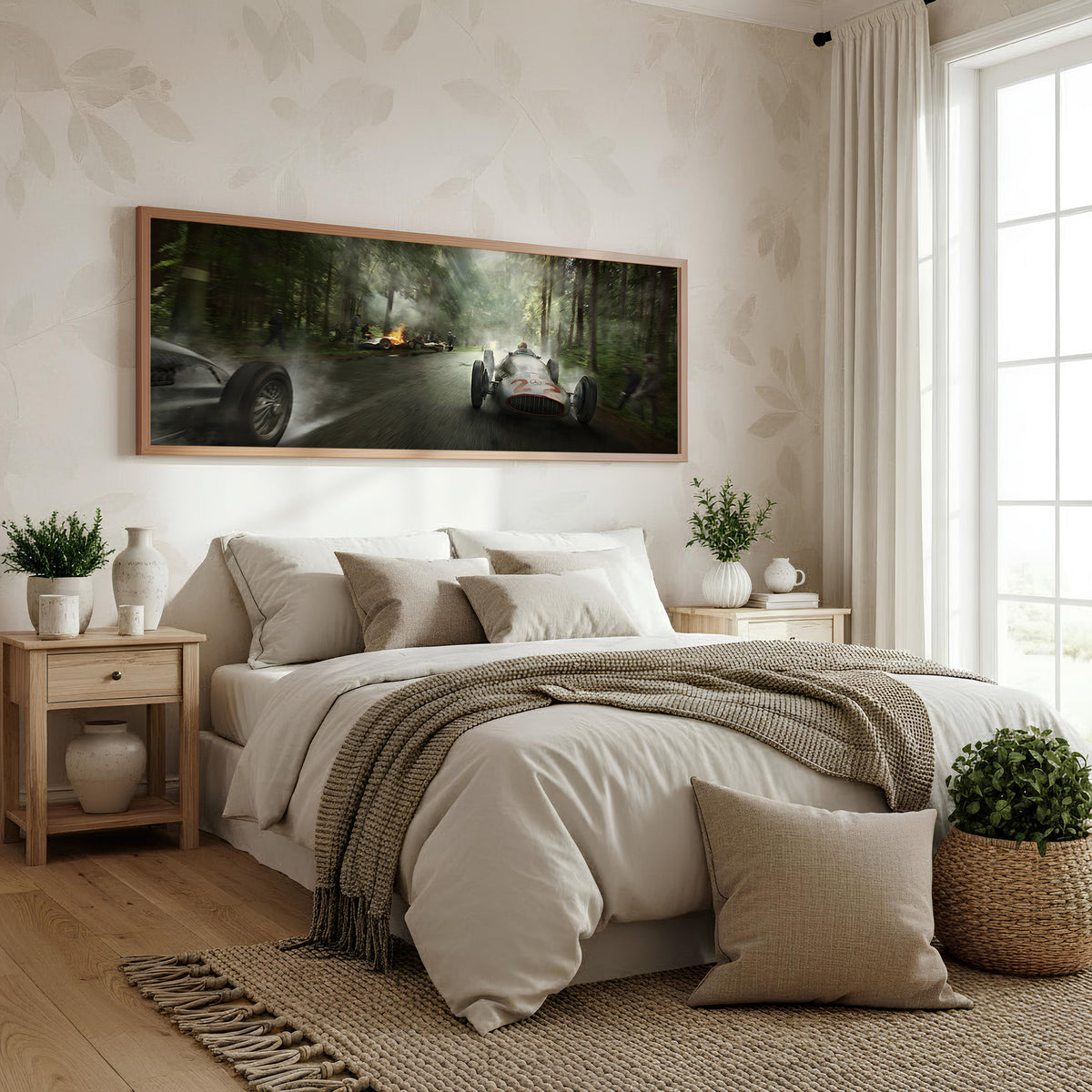 Forest Apex panoramic car wall art shown in a bedroom