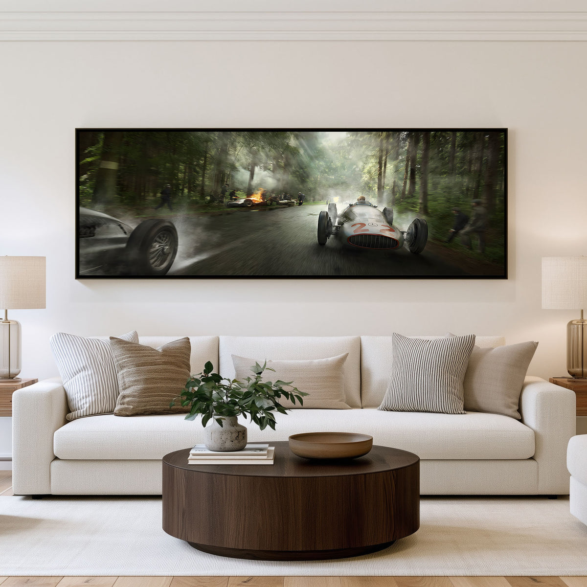 Forest Apex panoramic car wall art shown in a living room