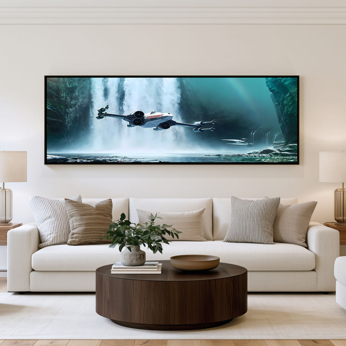 Forest Chase Panoramic Wall Art shown in a living room