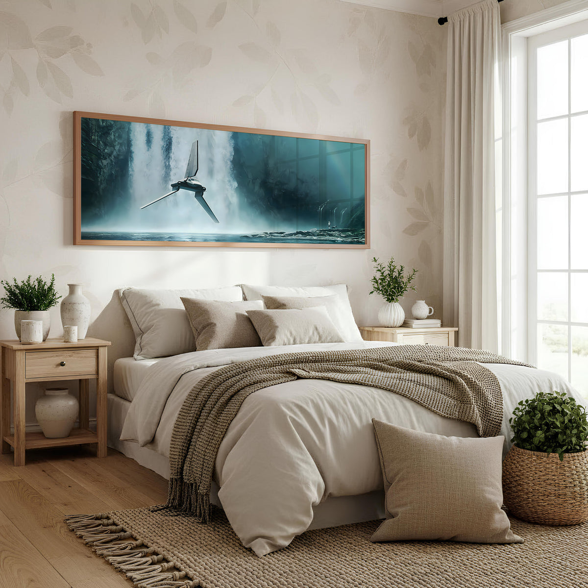 Forest Descent Panoramic Wall Art shown in a bedroom