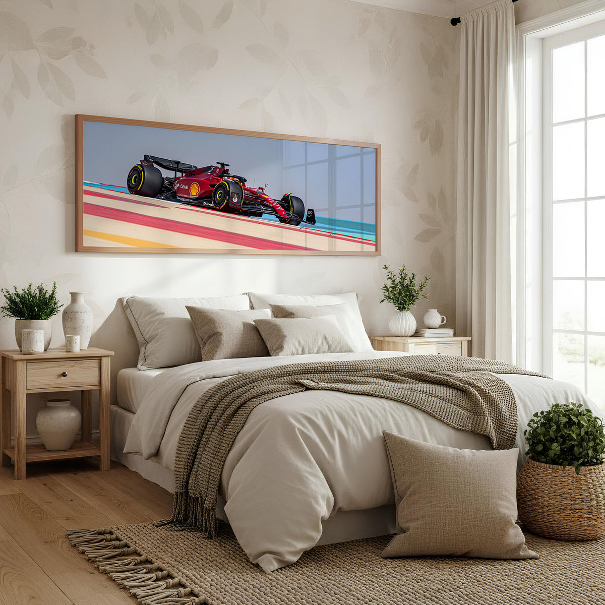 Formation Panoramic Formula 1 Wall Art shown in a bedroom