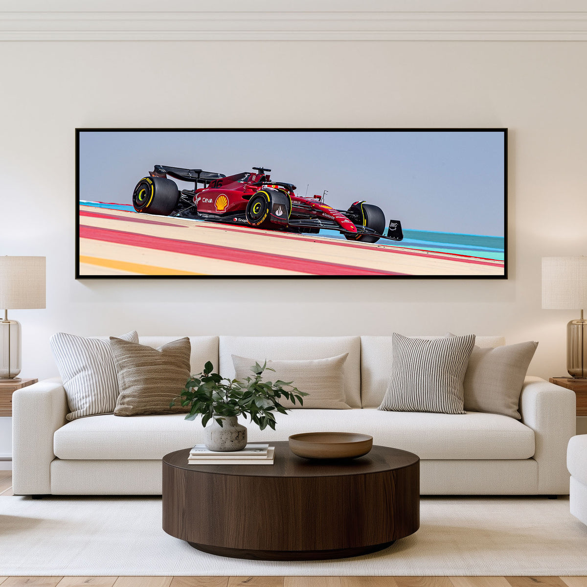 Formation Panoramic Formula 1 Wall Art shown in a living room