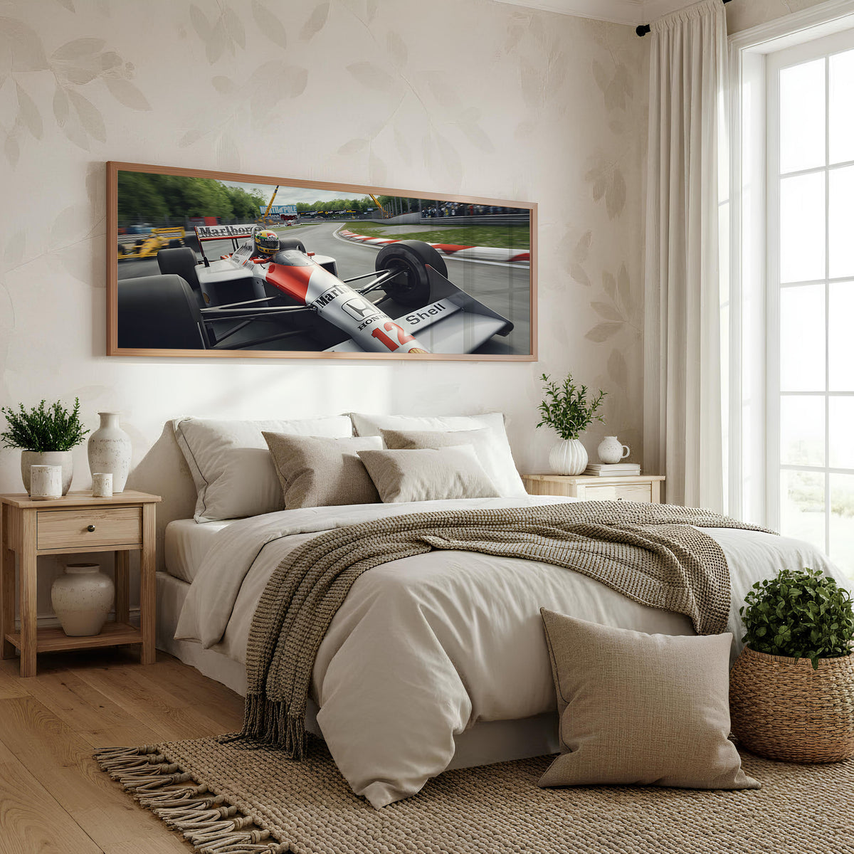 Formula Speed panoramic motorsport wall art shown in a bedroom