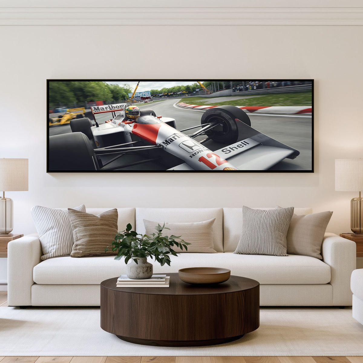 Formula Speed panoramic motorsport wall art shown in a living room