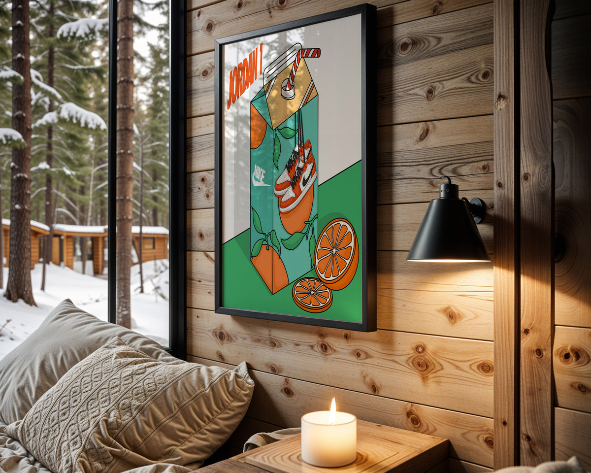 Fresh Squeezed sneaker wall art in cabin interior