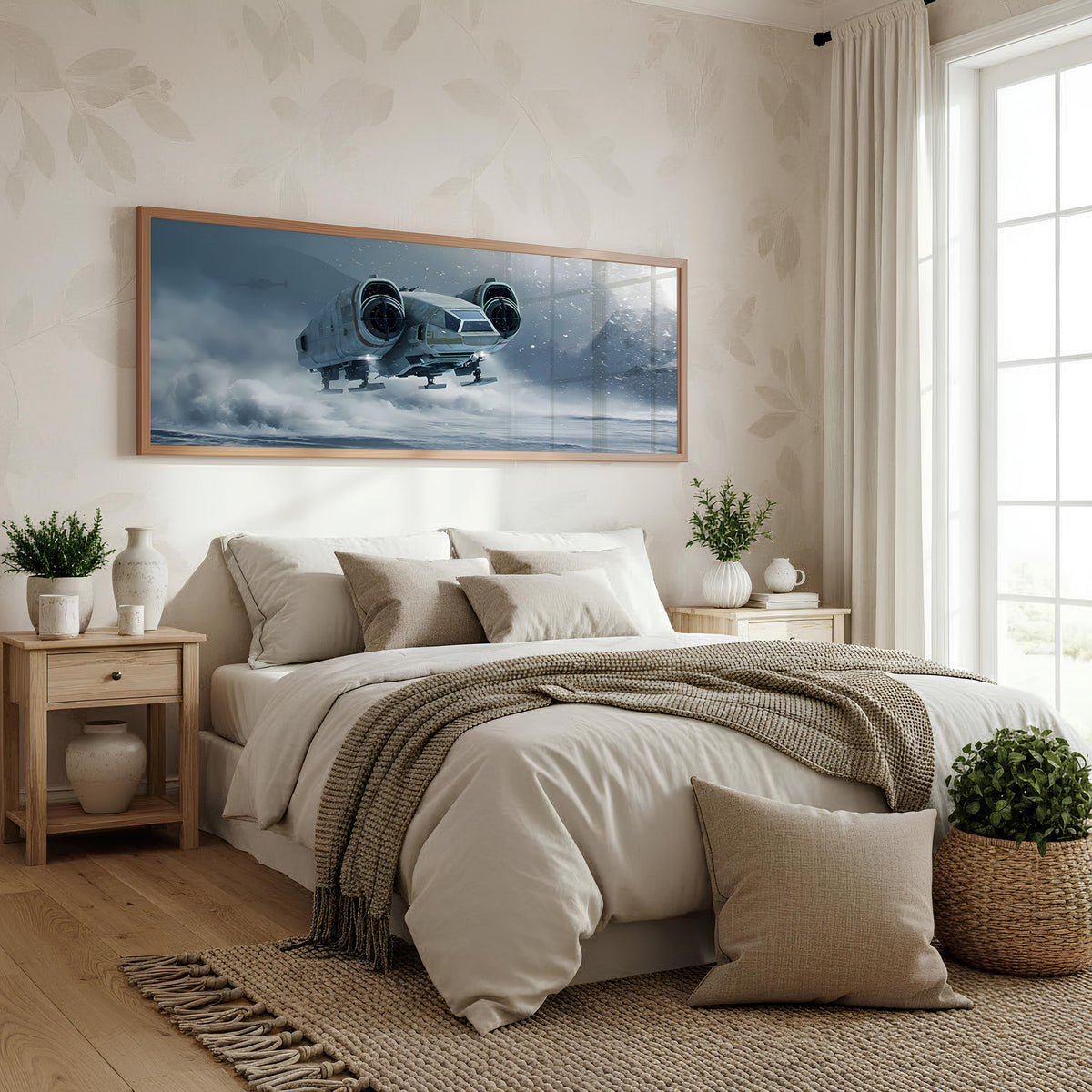Frozen Pursuit Panoramic Wall Art shown in a bedroom