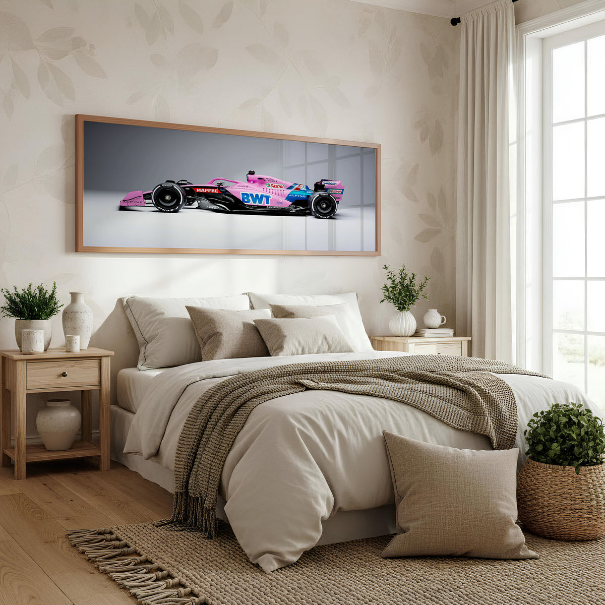 Full Send Panoramic Formula 1 Wall Art shown in a bedroom