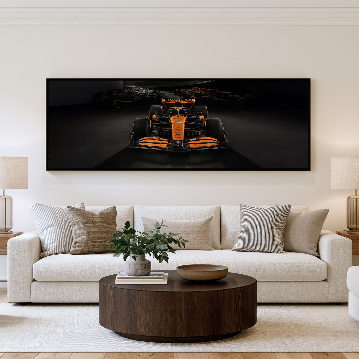 Full Throttle Panoramic Formula 1 Wall Art shown in a living room