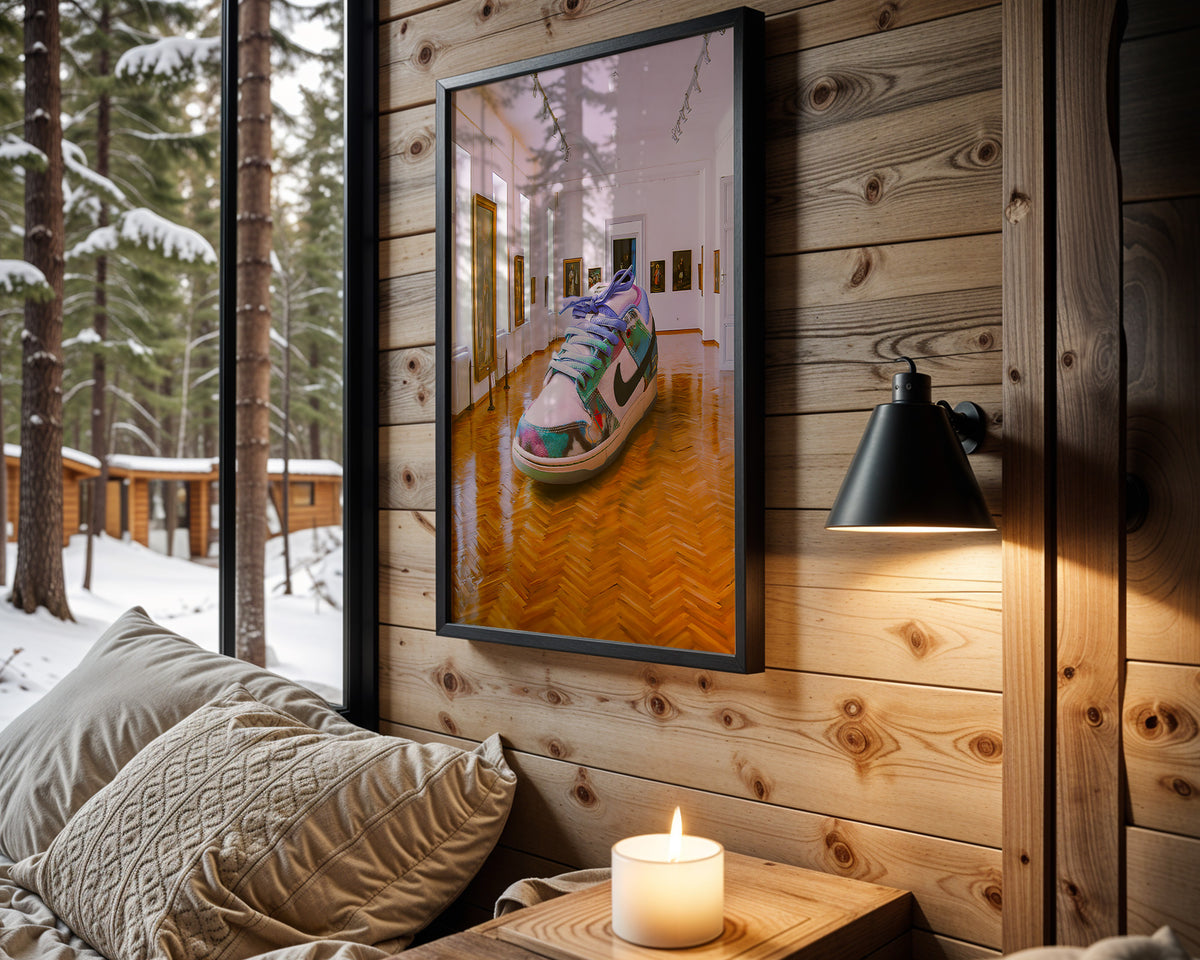 Gallery Grail sneaker wall art in cabin interior