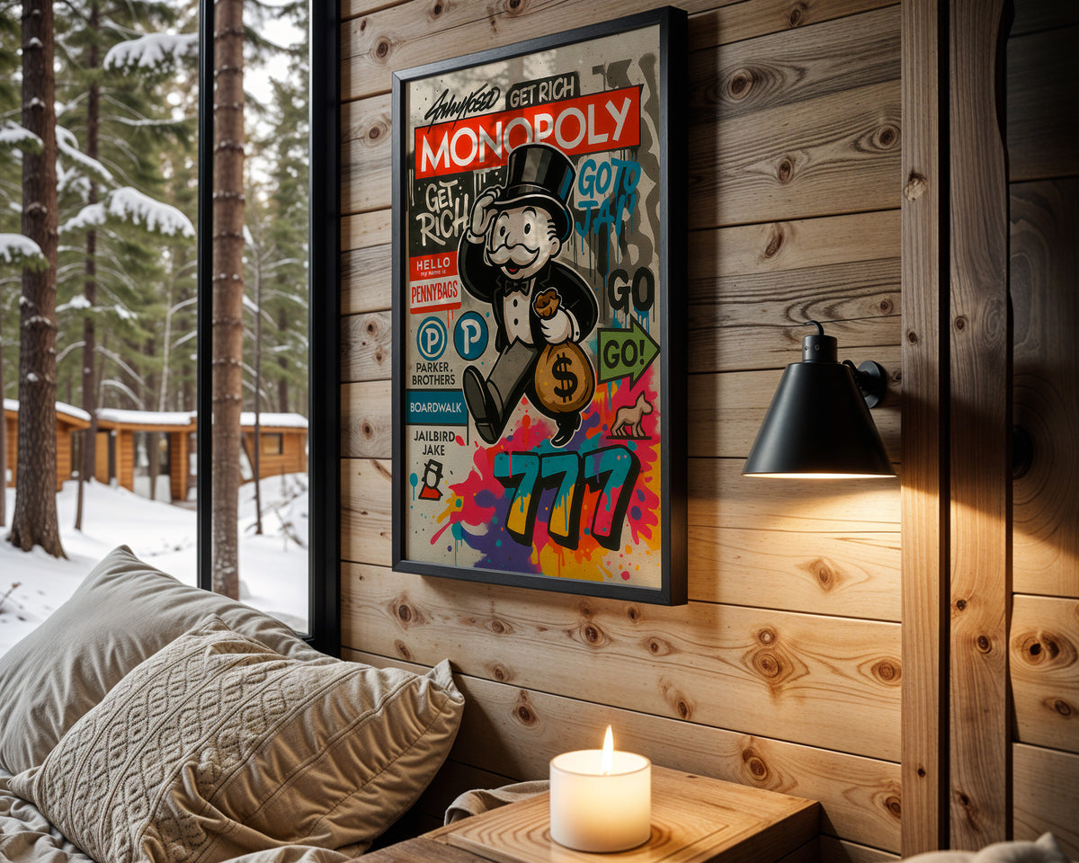 Get Rich 777 wall art in cabin interior