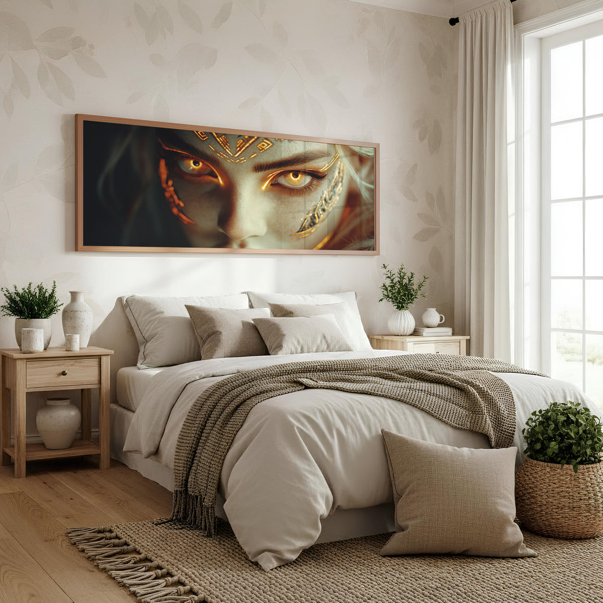 Golden Gaze Panoramic Wall Art shown in a bedroom
