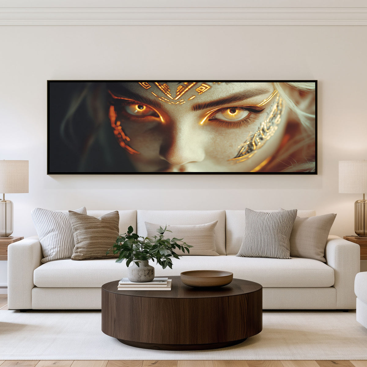 Golden Gaze Panoramic Wall Art shown in a living room