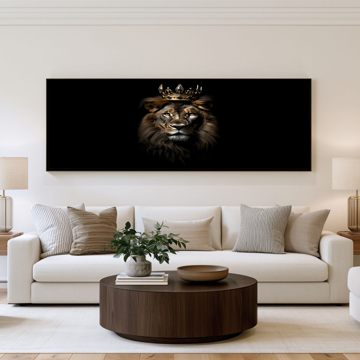 Crowned Lion Panoramic Wall Art shown in a living room