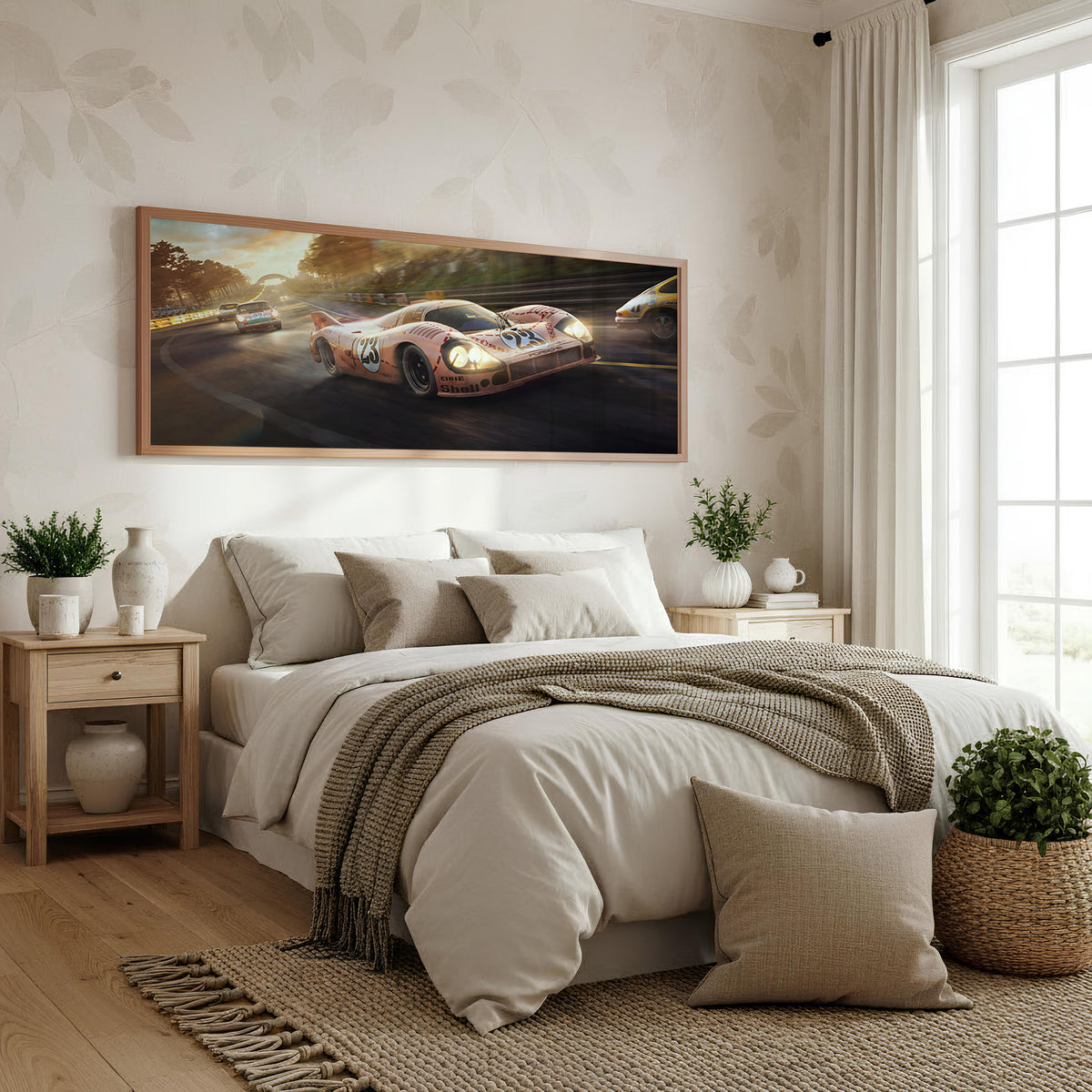 Golden Hour GT panoramic car wall art shown in a bedroom