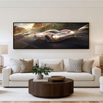 Golden Hour GT panoramic car wall art shown in a living room