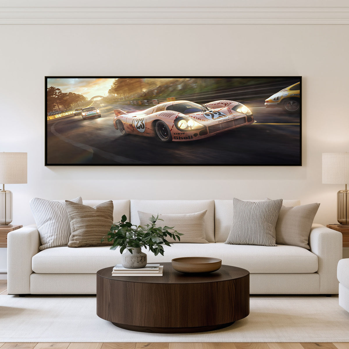 Golden Hour GT panoramic car wall art shown in a living room