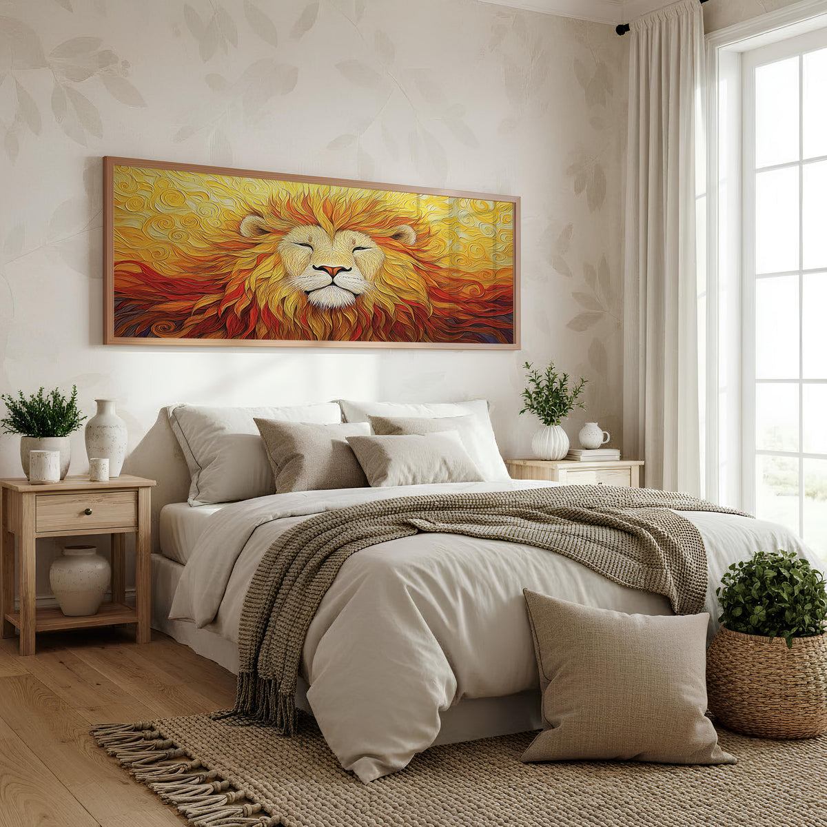 Golden Lion Panoramic Wall Art shown in a bedroom