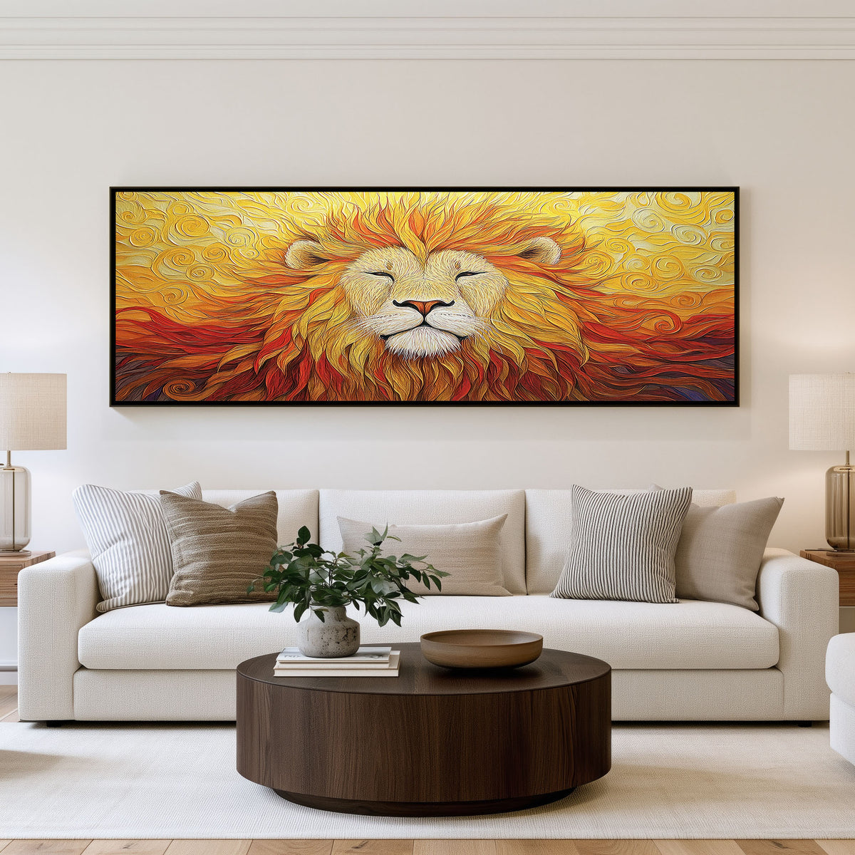 Golden Lion Panoramic Wall Art shown in a living room