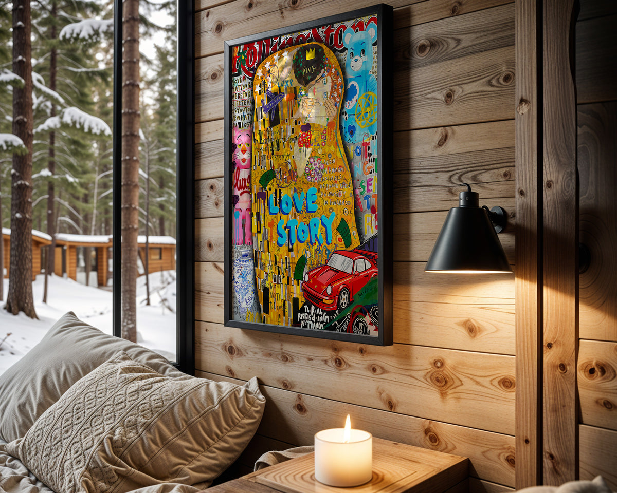Golden Love Story wall art in cabin interior