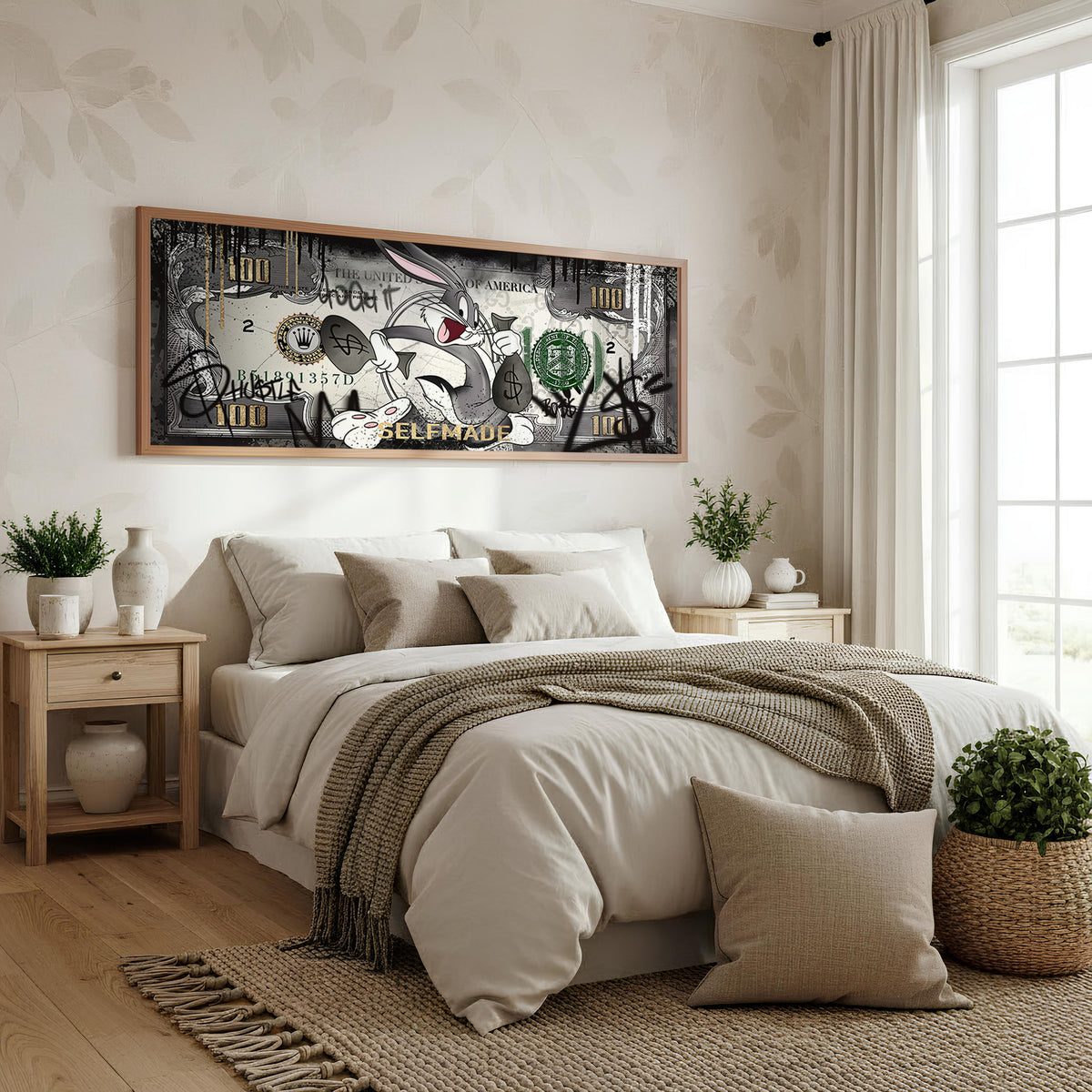 Graffiti Fortune panoramic wall art shown in a bedroom