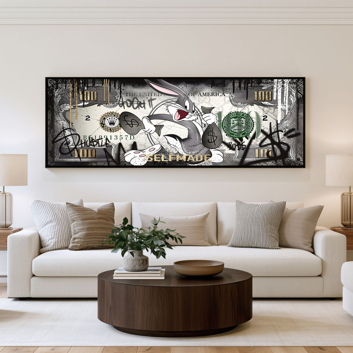 Graffiti Fortune panoramic wall art shown in a living room