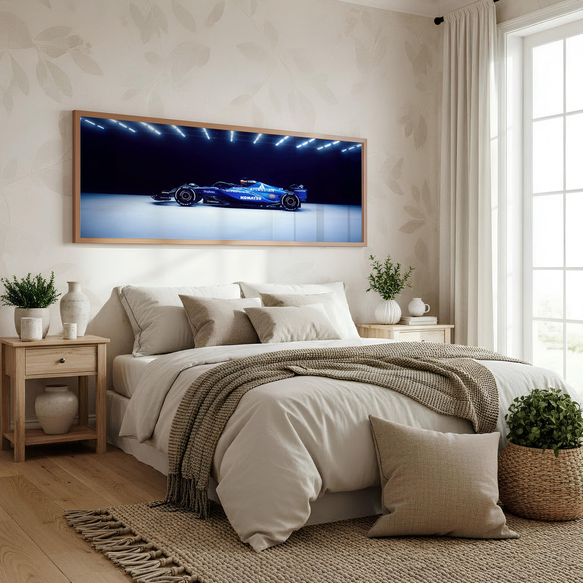 Grand Prix Panoramic Formula 1 Wall Art shown in a bedroom