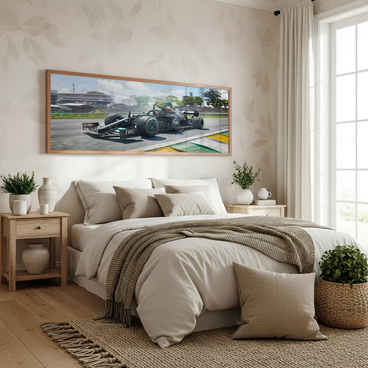 Green Apex Formula panoramic motorsport wall art shown in a bedroom