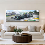 Green Apex Formula panoramic motorsport wall art shown in a living room