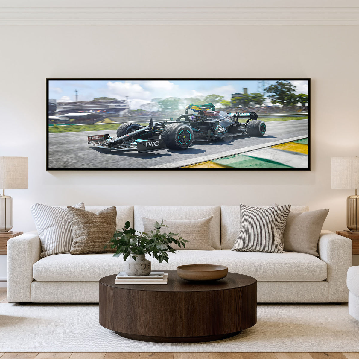 Green Apex Formula panoramic motorsport wall art shown in a living room