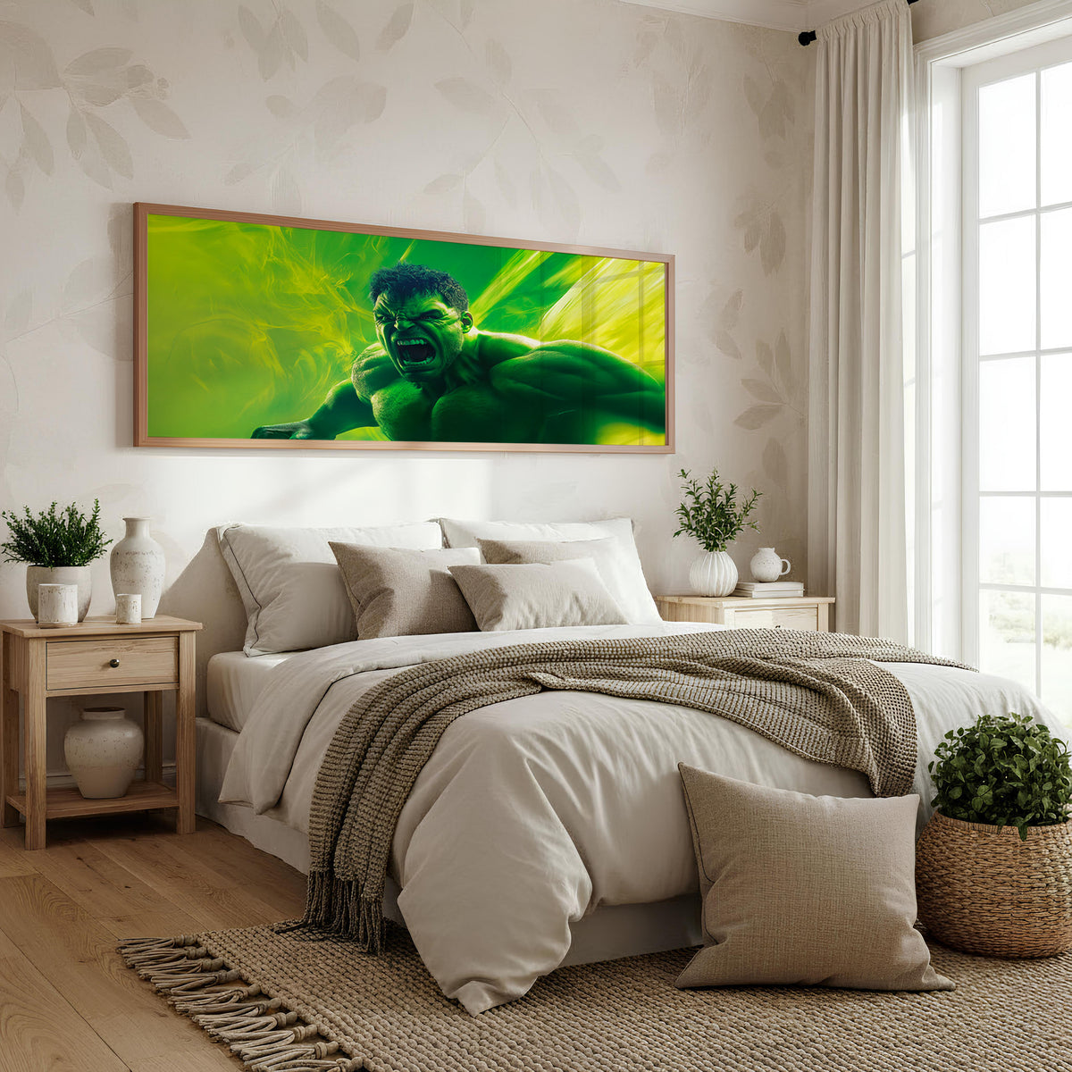 Green Fury panoramic superhero wall art shown in a bedroom