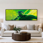 Green Fury panoramic superhero wall art shown in a living room