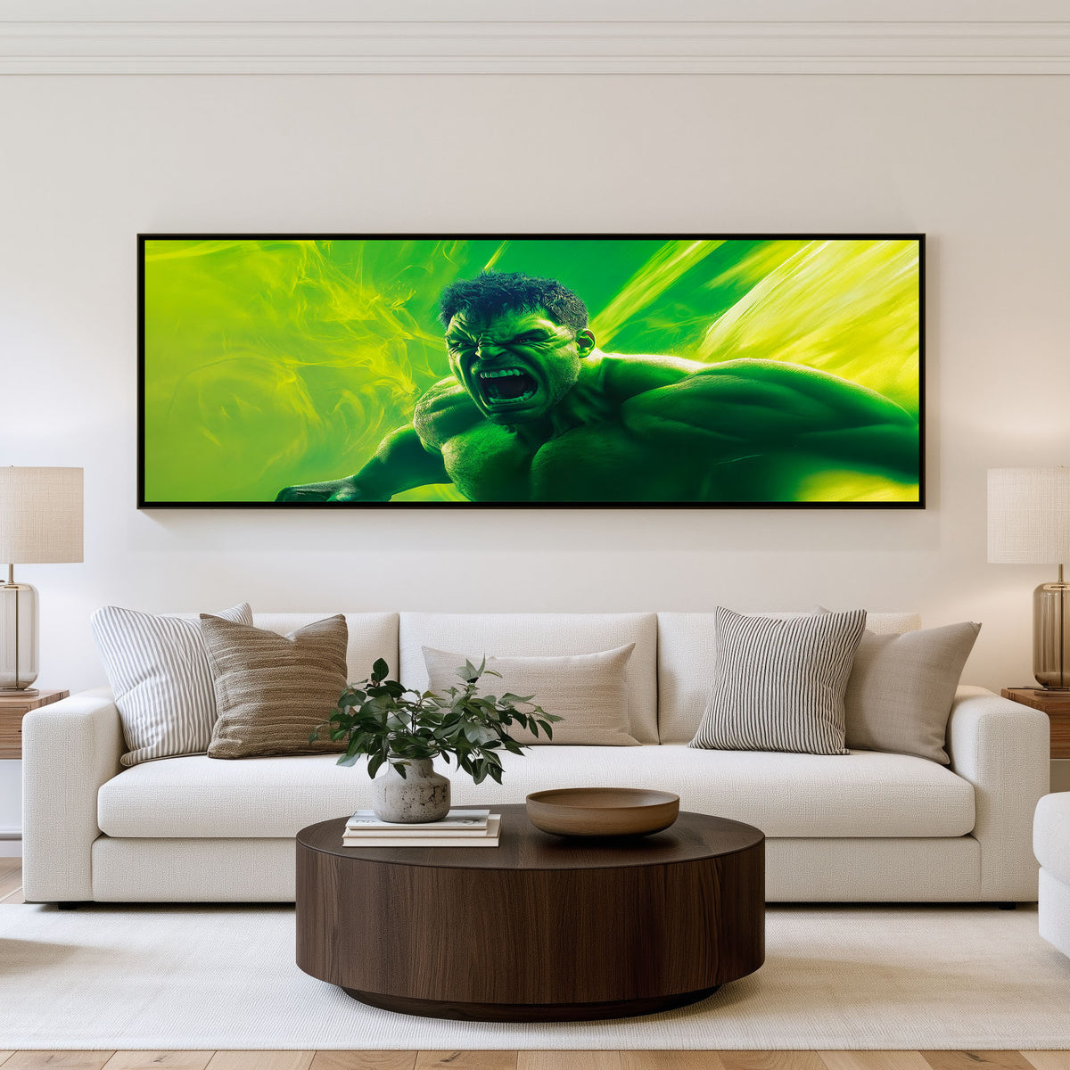 Green Fury panoramic superhero wall art shown in a living room