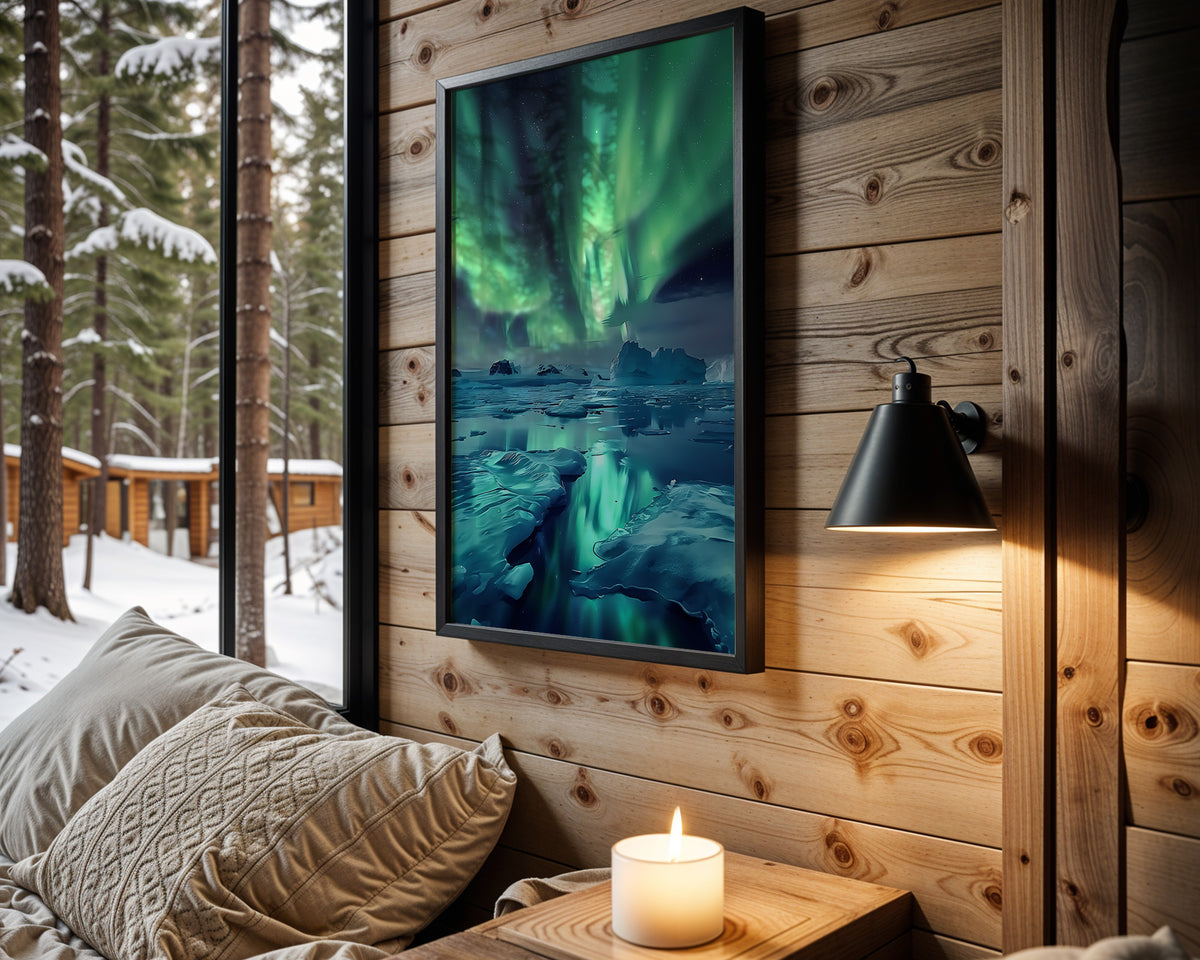 Green Sky Awakening aurora wall art – main room view