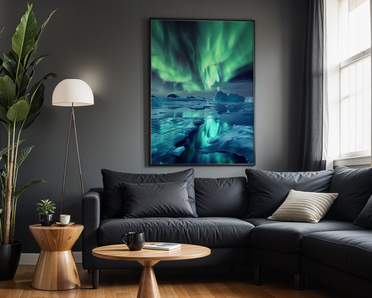 Green Sky Awakening aurora wall art – alternate room view