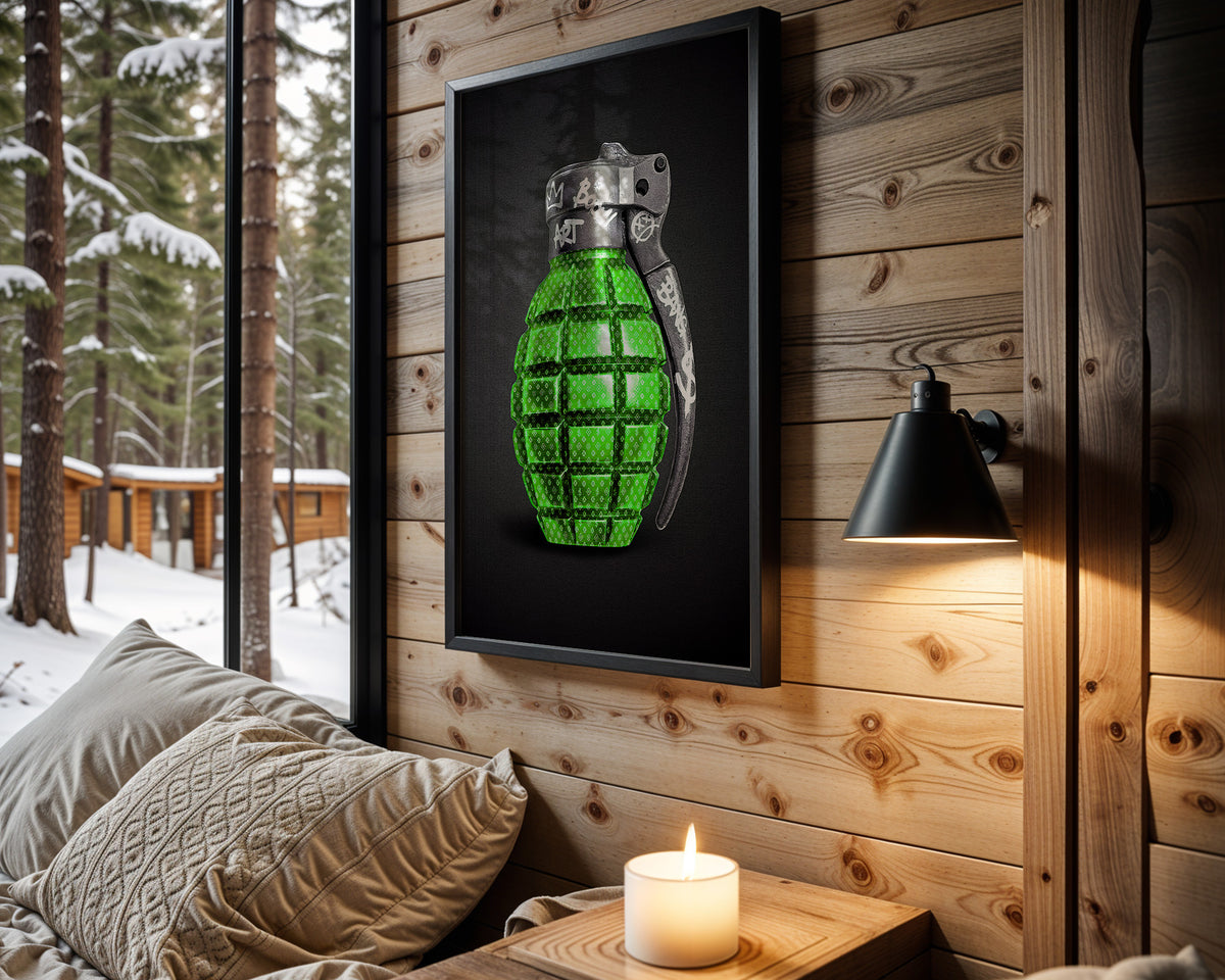 Green Standard wall art in cabin interior