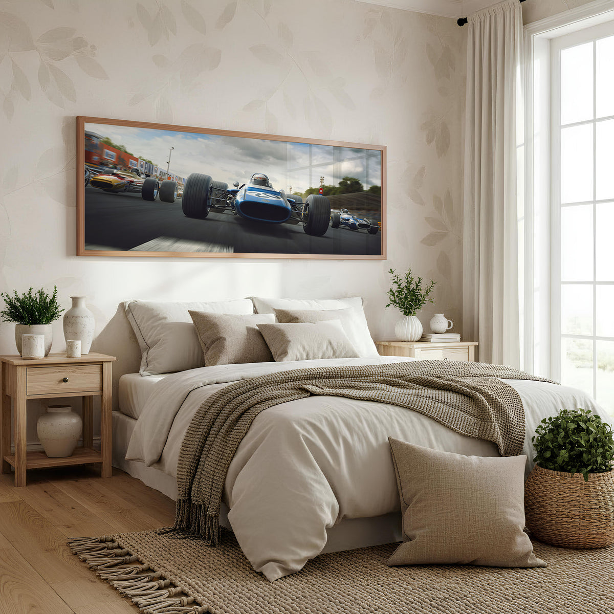 Grid Chase panoramic racing wall art shown in a bedroom