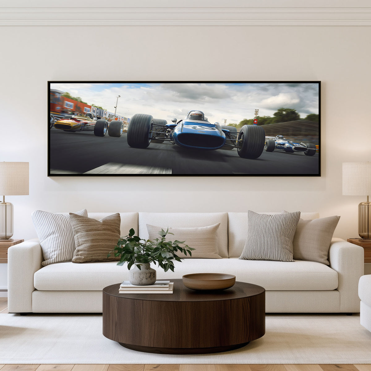Grid Chase panoramic racing wall art shown in a living room