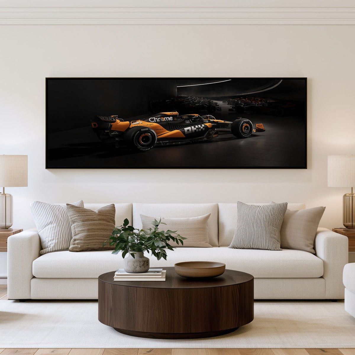 Grid Heat Panoramic Formula 1 Wall Art shown in a living room