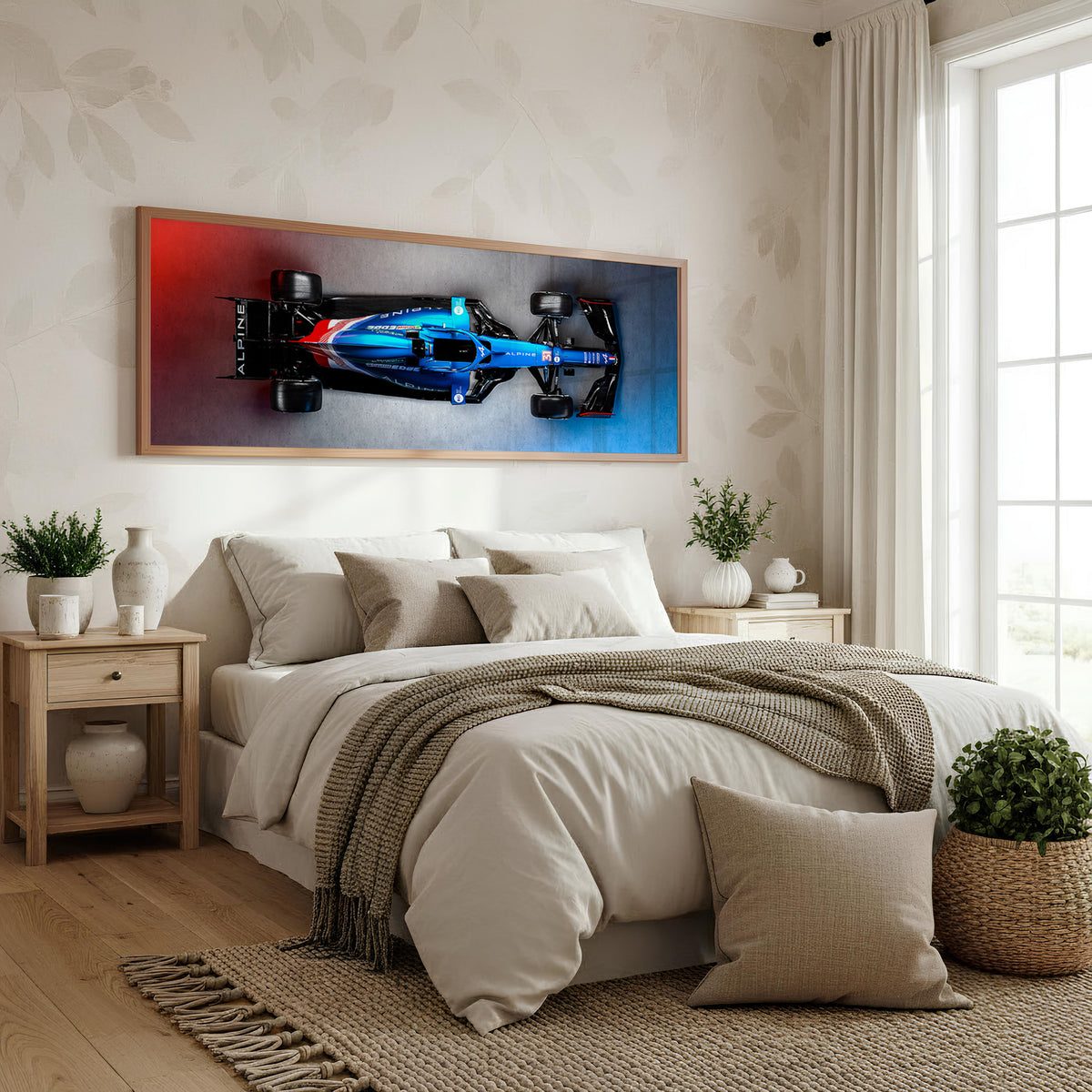 Gridline Panoramic Formula 1 Wall Art shown in a bedroom