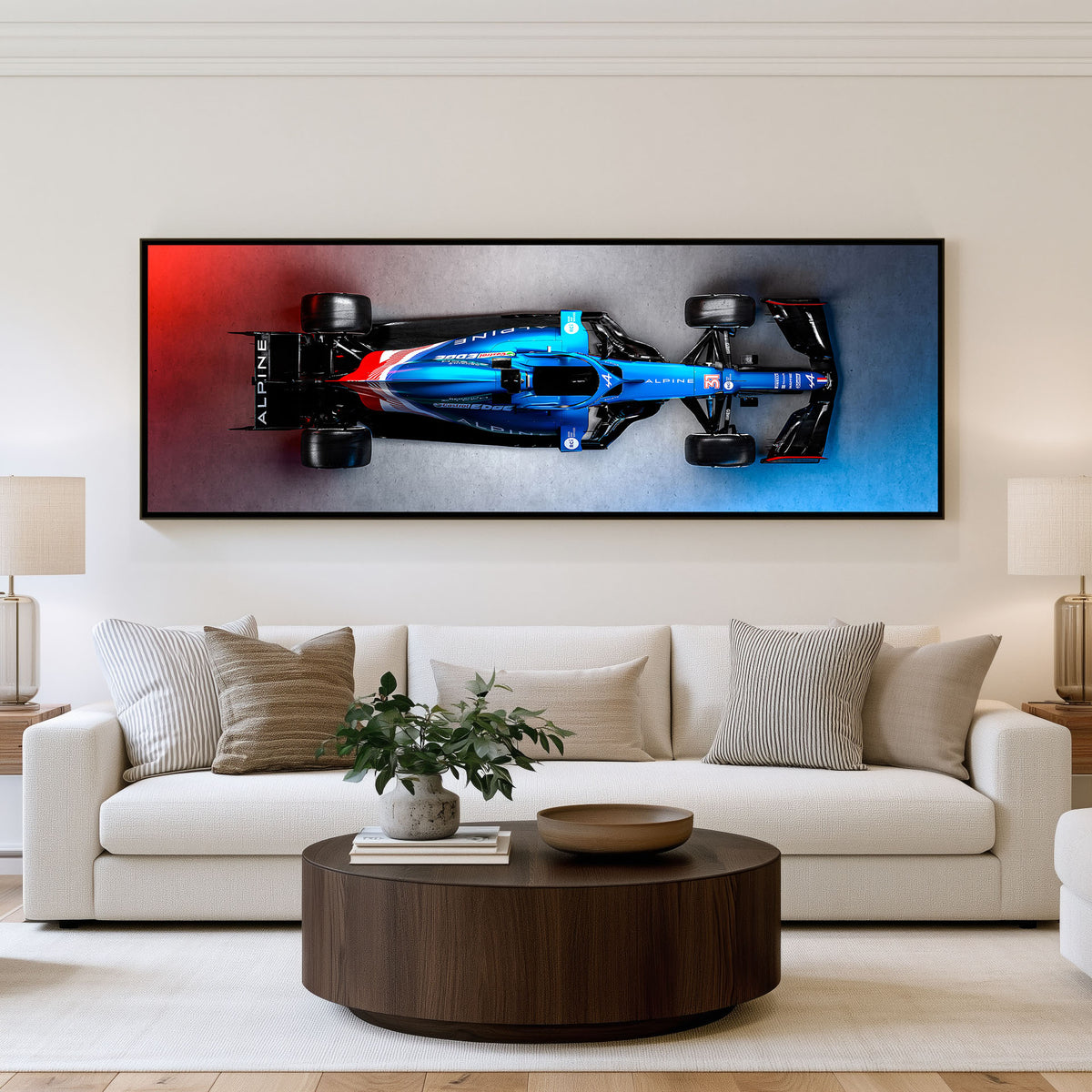 Gridline Panoramic Formula 1 Wall Art shown in a living room