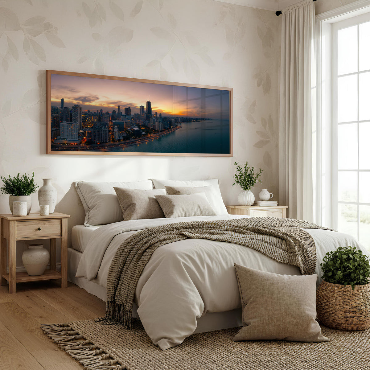 Harbour Lights Panoramic Wall Art shown in a bedroom