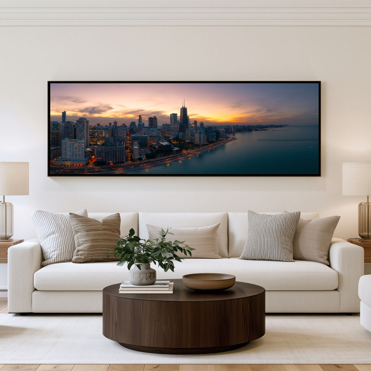 Harbour Lights Panoramic Wall Art shown in a living room