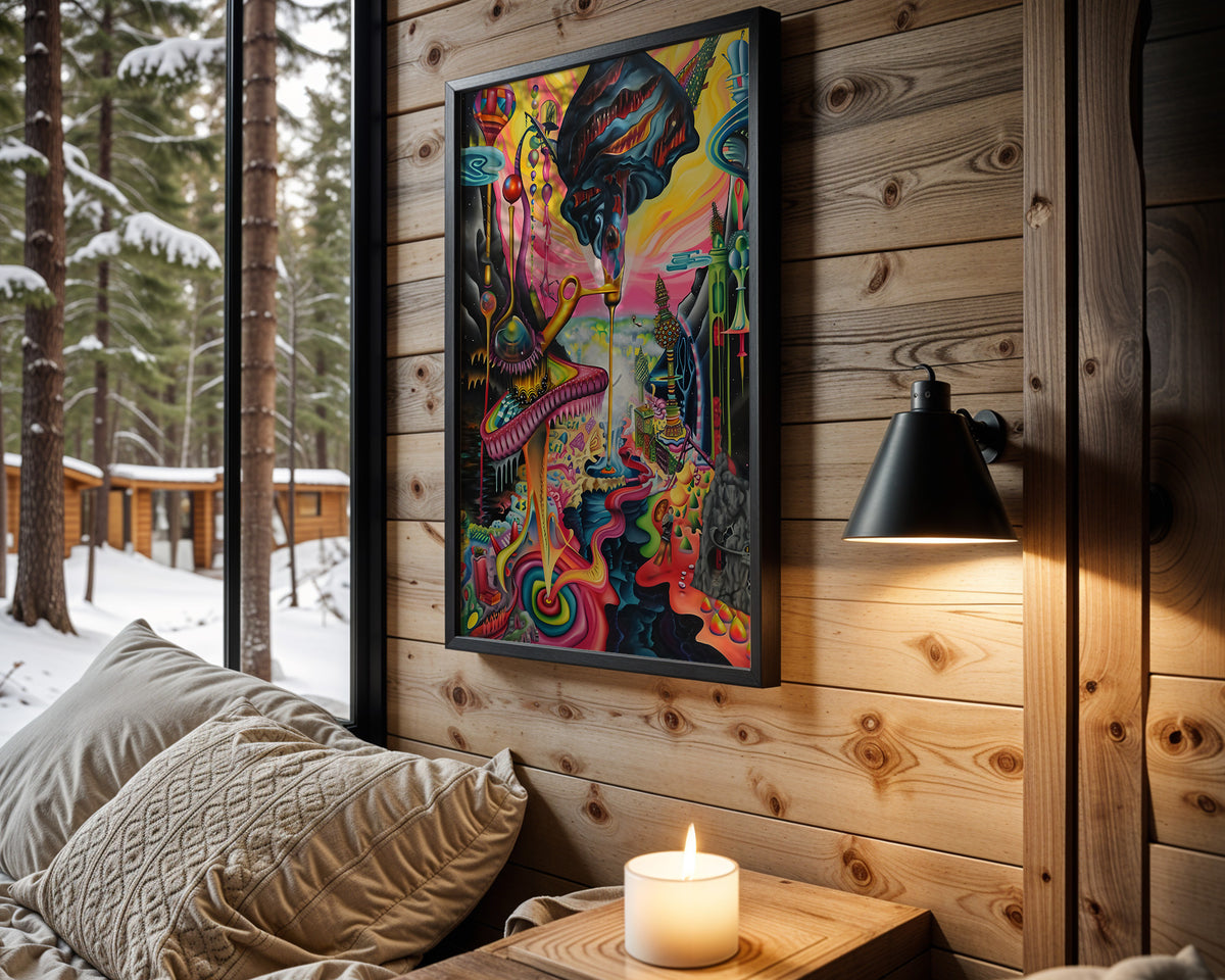 Headspace Chaos psychedelic wall art – cabin room view