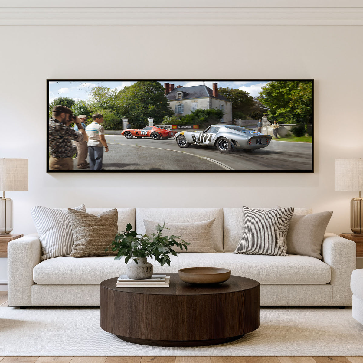 Heritage Road Rally panoramic wall art shown in a living room