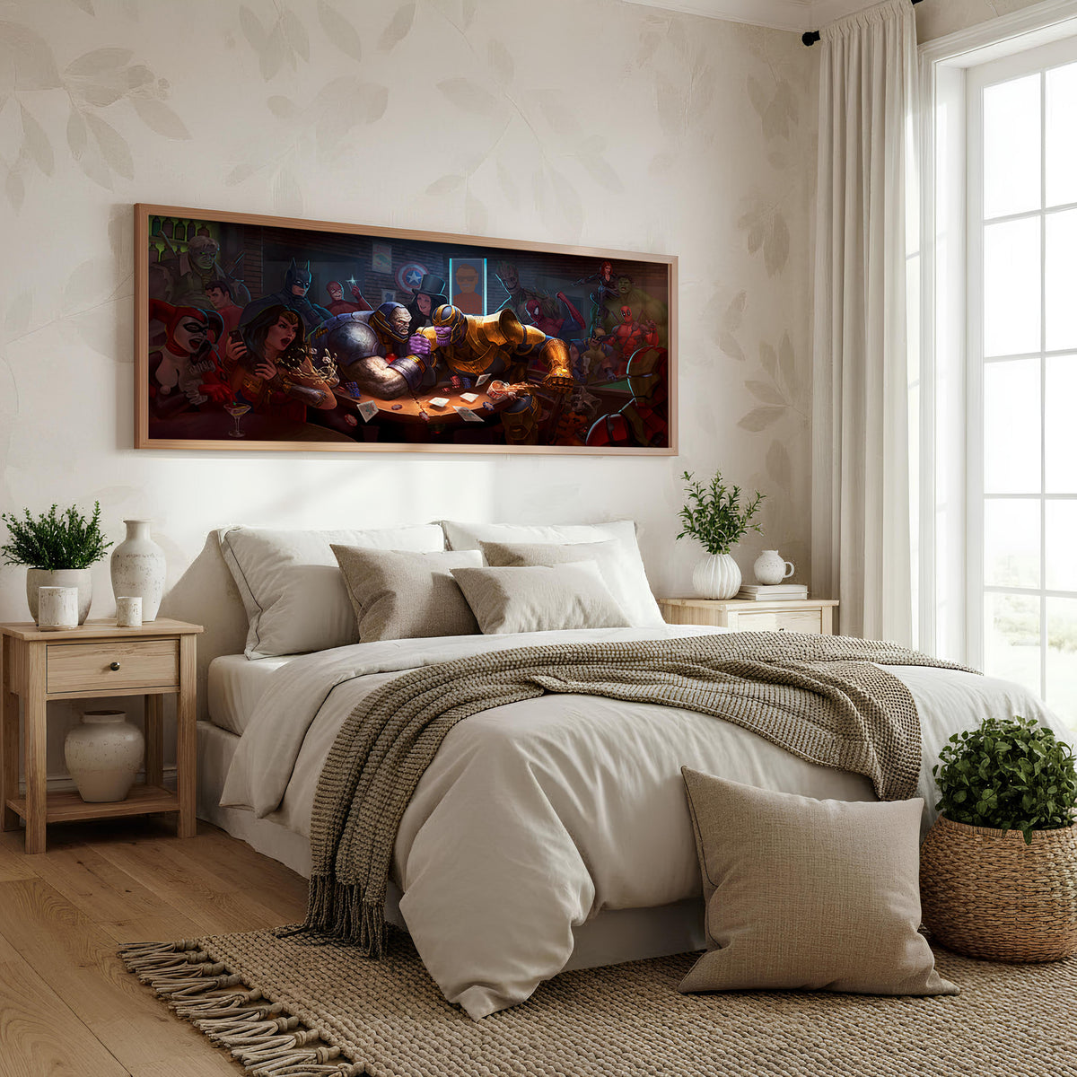 Heroes Poker Night Panoramic Wall Art shown in a bedroom