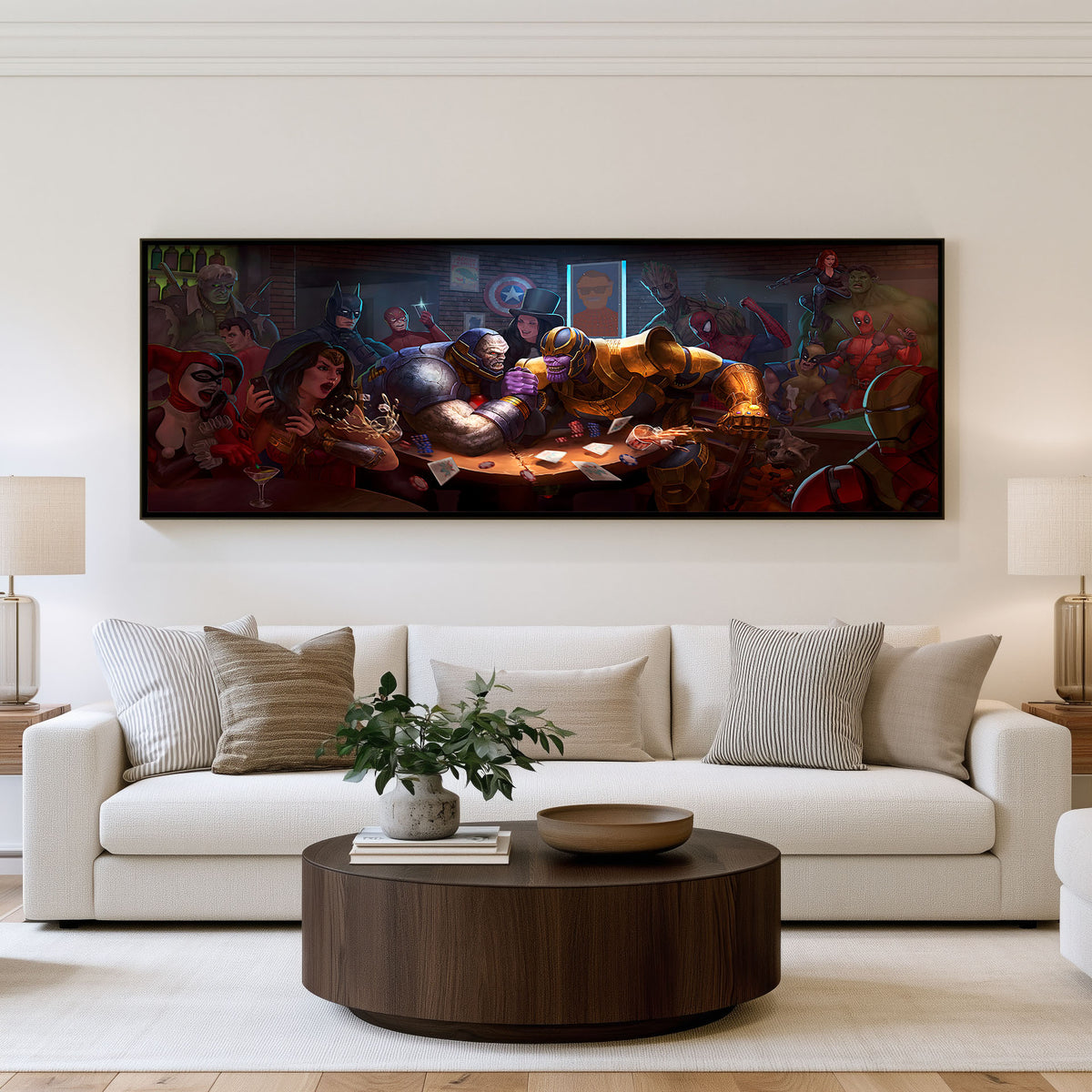 Heroes Poker Night Panoramic Wall Art shown in a living room