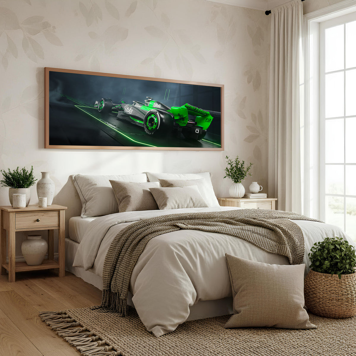 Hot Lap Panoramic Formula 1 Wall Art shown in a bedroom