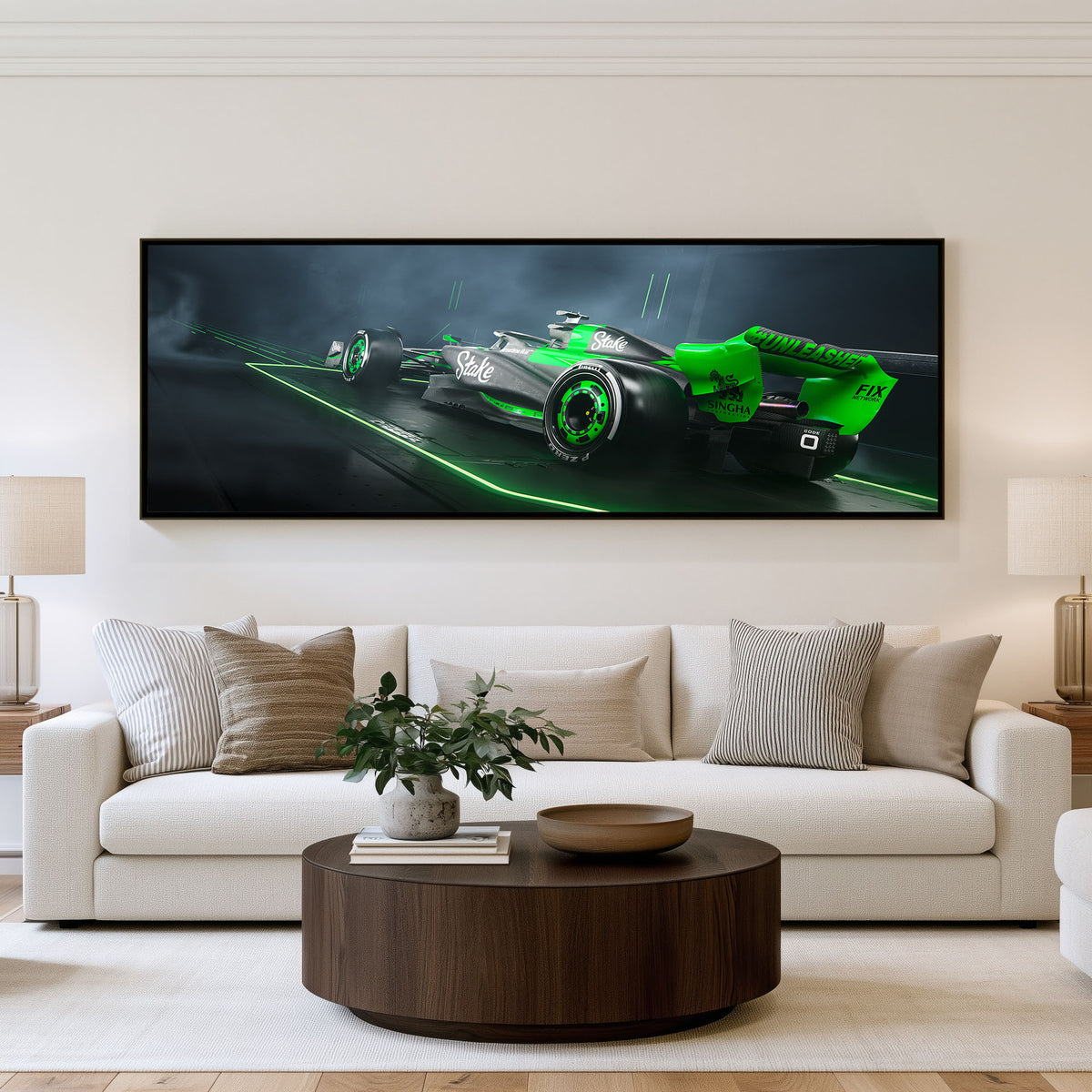 Hot Lap Panoramic Formula 1 Wall Art shown in a living room