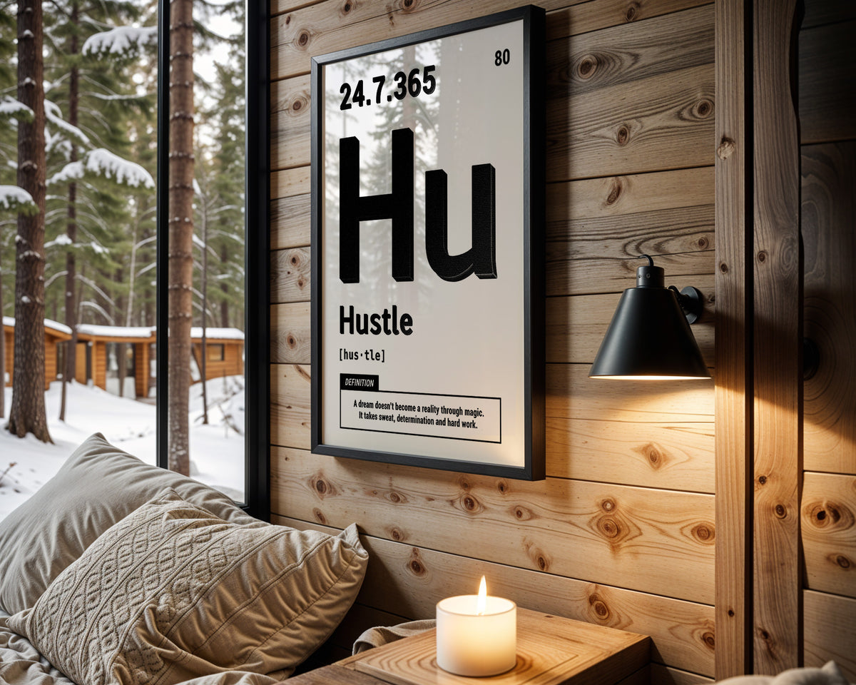 Hustle Element motivational wall art – main room view