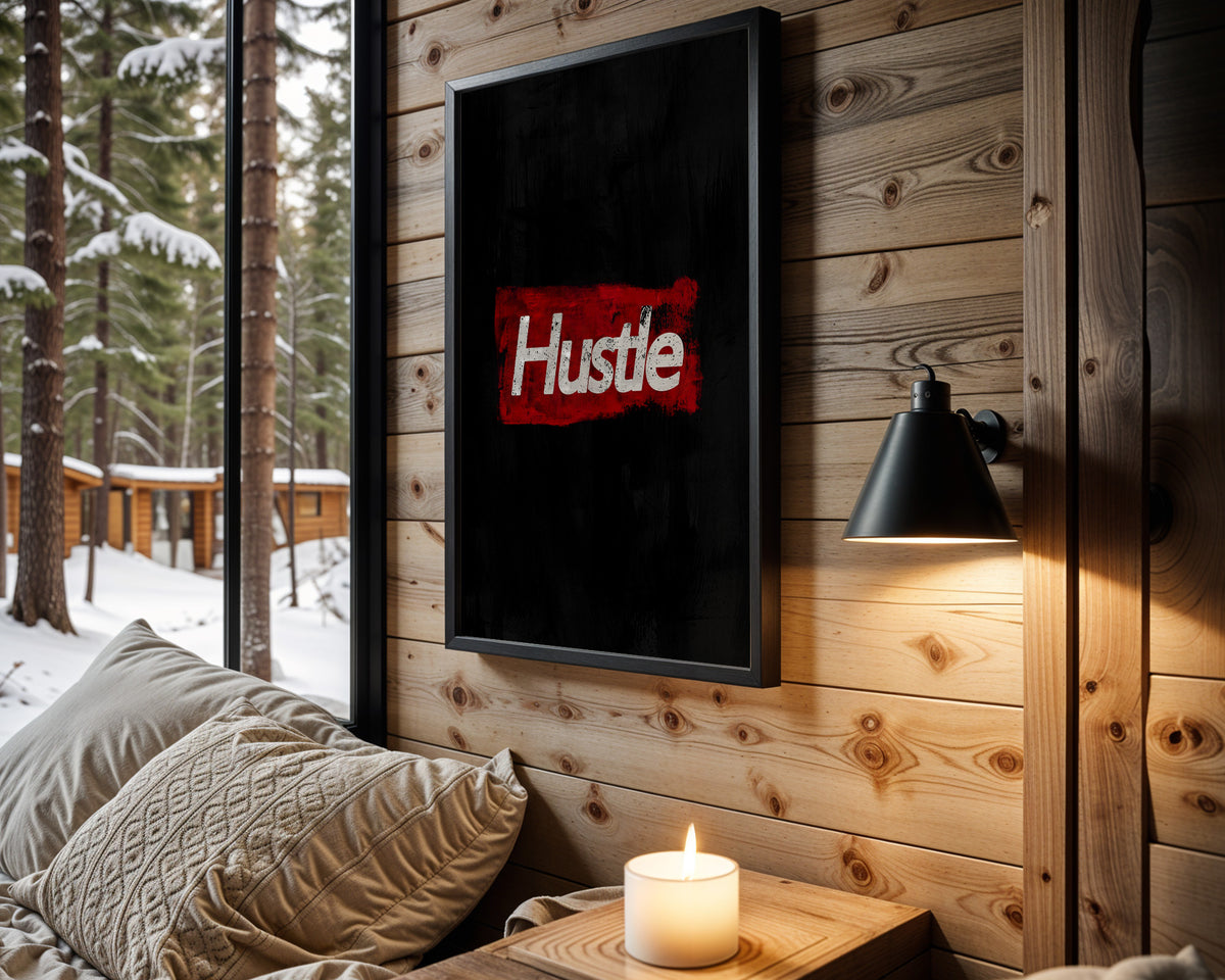 Hustle in Red motivational wall art – main room view